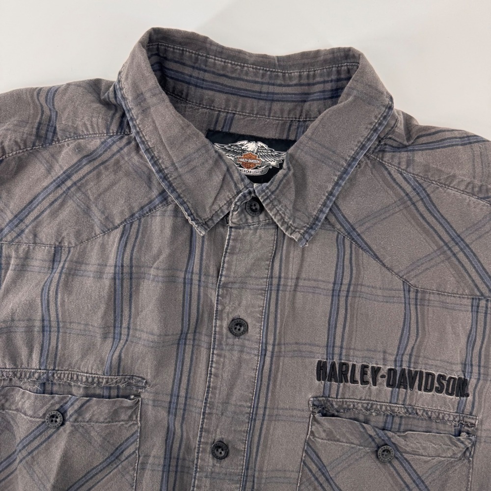 Harley-Davidson Sleeveless Shirt Men 2XL Gray Plaid Distressed Biker Button-Down